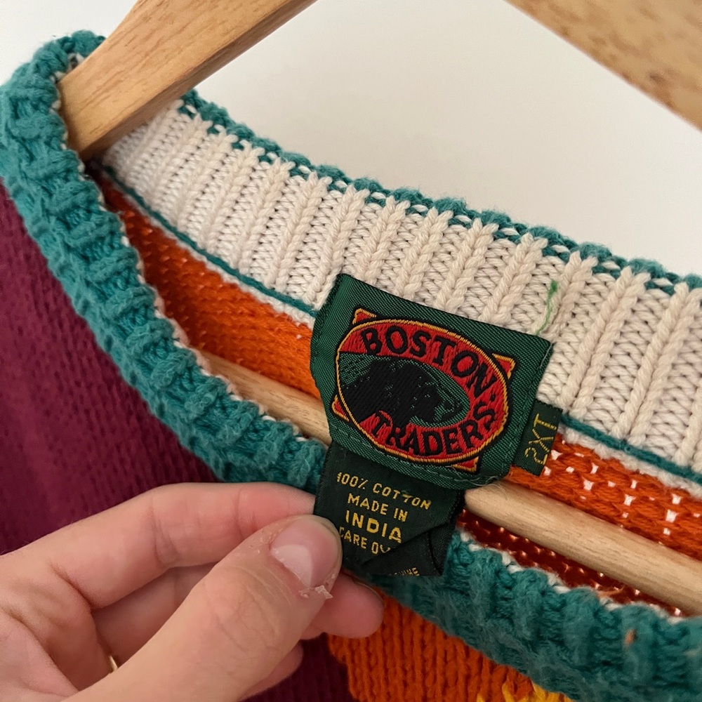 Vintage 90s Colorful Knit Sweater 100% Cotton Boston Traders Brand - Picture 2 of 5